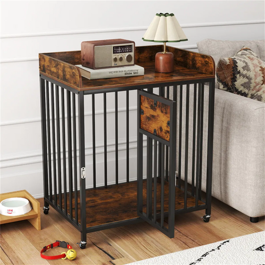 2-in-1 Furniture Style Dog Crates with Lockable Wheels
